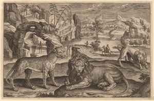 En leopard och två lejon av Adriaen Collaert
