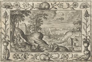 Abraham offrar Isak Landskap med bibliska, mytologiska scener och jaktscener (serietitel) av Adriaen Collaert