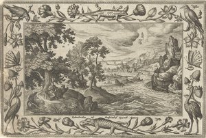 Apostel Johannes på Patmos Landskap med bibliska, mytologiska scener och jaktscener (serietitel) av Adriaen Collaert