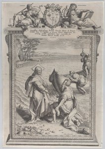 Kristus kallar Saint Andrew, som knäböjer framför honom på en strand, och Saint Peter, som klättrar..., 1590. av Adriaen Collaert