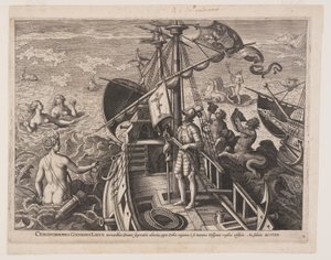 Christofer Columbus på sitt skepp, från Americae Retectio (Upptäckten av Amerika) av Adriaen Collaert
