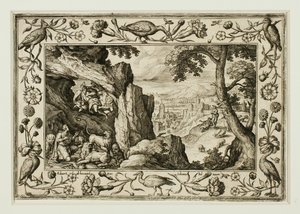 Daniel i lejongropen, ur Landskap med scener ur Gamla och Nya testamentet och jaktscener av Adriaen Collaert