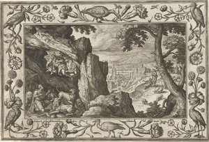 Daniel i lejonets håla Landskap med bibliska, mytologiska scener och jaktscener (serietitel) av Adriaen Collaert