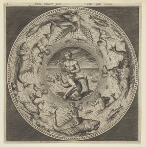 Design för en tallrik med Arion som rider på en delfin i en medaljong kantad av havsmonster..., c1600. av Adriaen Collaert