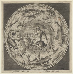 Design för en tallrik med Neptunus i ett skal tecknat av hästar i en medaljong kantad av ..., c1600. av Adriaen Collaert