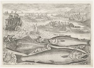 Tre fiskar på stranden Fiske (serietitel) Piscium vivae-ikoner (serietitel) av Adriaen Collaert
