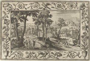 Emmaus pilgrimer Landskap med bibliska, mytologiska scener och jaktscener (serietitel) av Adriaen Collaert