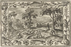 harjakt Landskap med bibliska, mytologiska scener och jaktscener (serietitel) av Adriaen Collaert
