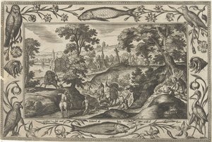 hjortjakt Landskap med bibliska, mytologiska scener och jaktscener (serietitel) av Adriaen Collaert