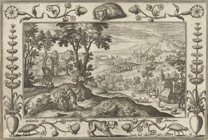 Juda och Tamar Landskap med bibliska, mytologiska scener och jaktscener (serietitel) av Adriaen Collaert