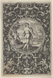 Juno i en dekorativ ram med grotesker, från domen i Paris, ca. 1580-..., c1580-1600. av Adriaen Collaert