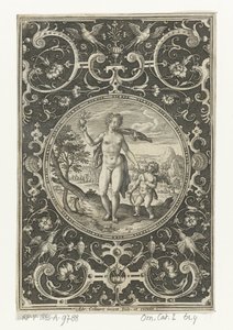 Medaljong med Venus och Amor i en ram av grotesker med blommor, girlanger, djur och mascarons Medaljonger med figurer från Judgment of Paris (serietitel) av Adriaen Collaert