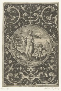 Medaljong där Venus med Parisäpplet i handen och Amor vid sin sida Medaljonger med figurer från Judgment of Paris (serietitel) av Adriaen Collaert