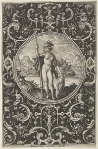 Minerva i en dekorativ ram med grotesker, från domen i Paris, c1580-1600. av Adriaen Collaert