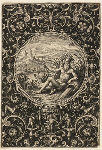 Neptunus som flodgud, plansch två från Paris dom av Adriaen Collaert