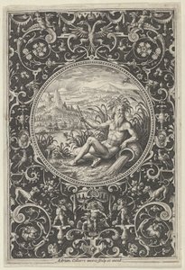 Neptunus i en dekorativ ram med grotesker, från domen i Paris, c1580-1600. av Adriaen Collaert