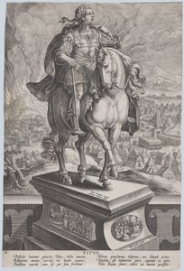 Plåt 11: ryttarstaty av Titus, sedd tre fjärdedelar till höger, Vesuv..., ca. 1587-89. av Adriaen Collaert