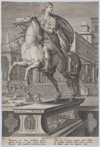 Plåt 12: ryttarstaty av Domitianus, sedd tre fjärdedelar till vänster, med hans ..., ca. 1587-89.