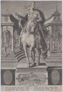 Plåt 1: ryttarstaty av Julius Caesar, sedd framifrån, med en scen av en..., ca. 1587-89.
