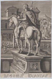 Tavla 2: ryttarstaty av Augustus, med en jordglob och sedd bakifrån, med ..., ca. 1587-89.