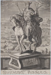 Skylt 4: ryttarstaty av Caligula, sedd tre fjärdedelar till vänster, bär en ..., ca. 1587-89. av Adriaen Collaert