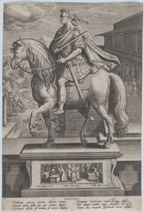 Skylt 7: ryttarstaty av Galba, i profil till vänster, med en halshuggningsscen..., ca. 1587-89. av Adriaen Collaert