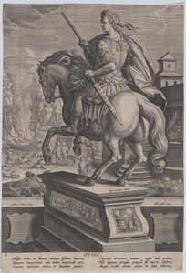 Plåt 8: ryttarstaty av Otho, sedd bakifrån, hans dödsscen i bakgrunden..., ca. 1587-89. av Adriaen Collaert