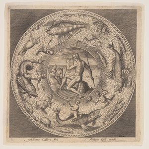 Poseidon, från en serie mönster för tallrikar (Fonds de Coupe) av Adriaen Collaert