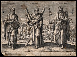 Aposteln Petrus, aposteln Andreas och Jakob den äldre. Gravyr. av Adriaen Collaert