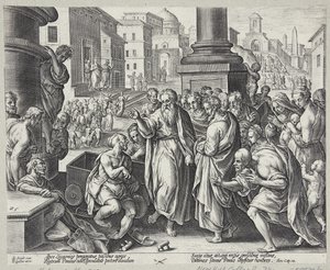 Paulus botar en krympling i Lystra av Adriaen Collaert