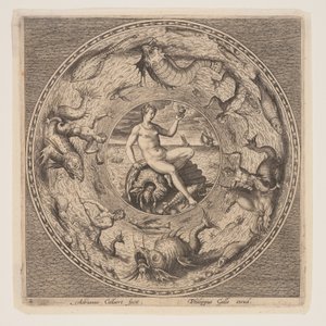 Thetis på ett snäckskal, från en serie mönster för tallrikar (Fonds de Coupe) av Adriaen Collaert