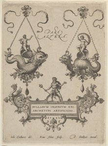 Titelskylt med två hängsmycken ovan och Neptunus stående på en kartusch nedanför, 1582. av Adriaen Collaert