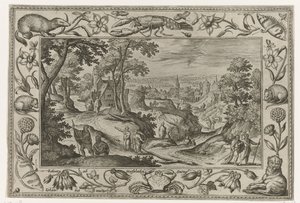 Utsändning av apostlarna Landskap med bibliska, mytologiska scener och jaktscener (serietitel) av Adriaen Collaert
