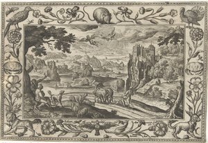 Ikaros fall Landskap med bibliska, mytologiska scener och jaktscener (serietitel) av Adriaen Collaert