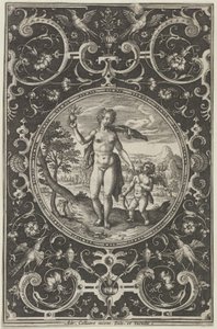 Venus och Amor i en dekorativ ram med grotesker, från domen i Paris..., c1580-1600. av Adriaen Collaert