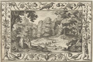 Frestelse i öknen Landskap med bibliska, mytologiska scener och jaktscener (serietitel) av Adriaen Collaert