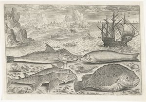 Fyra fiskar på stranden Fiske (serietitel) Piscium vivae-ikoner (serietitel) av Adriaen Collaert