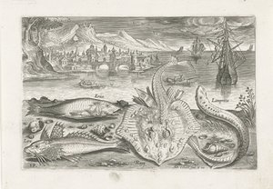 Fyra fiskar på stranden Fiske (serietitel) Piscium vivae-ikoner (serietitel) av Adriaen Collaert