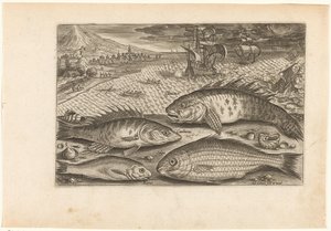 Fyra fiskar på stranden Fiske (serietitel) Piscium vivae-ikoner (serietitel) av Adriaen Collaert