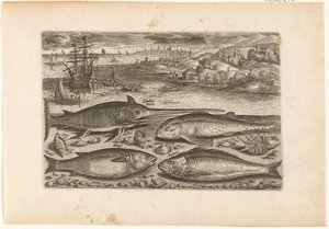 Fyra fiskar på stranden Fiske (serietitel) Piscium vivae-ikoner (serietitel) av Adriaen Collaert