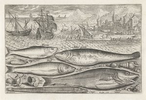 Fem fiskar på stranden Fiske (serietitel) Piscium vivae-ikoner (serietitel) av Adriaen Collaert