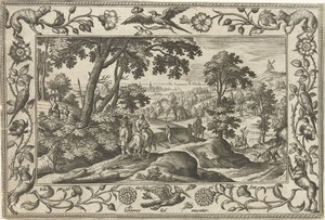 Flyg till Egypten Landskap med bibliska, mytologiska scener och jaktscener (serietitel) av Adriaen Collaert