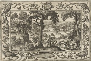 vildsvinsjakt Landskap med bibliska, mytologiska scener och jaktscener (serietitel) av Adriaen Collaert