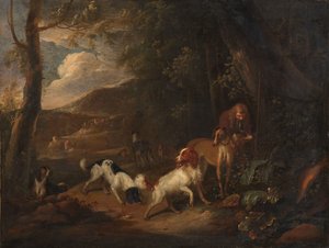 Jägare med hundar vid kanten av en skog av Adriaen Cornelisz Beeldemaker