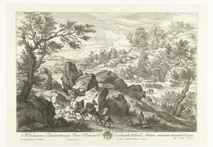 Landskap med ryttare vid en klipphäll Landskap med jägare (serietitel) av Adriaen Frans Boudewyns