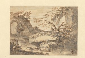 Landskap med stora stenblock i vatten av Adriaen Honich (attributed to)
