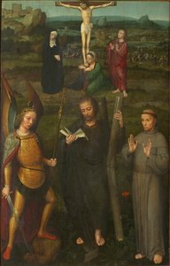 Korsfästelsen med de heliga ärkeängeln Mikael, Andreas och Franciskus av Assisi, ca. 1510. av Adriaen Isenbrant