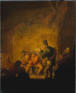 En ladugårdsinredning med en gycklare som regalerar sina följeslagare, c.1632 av Adriaen Jansz. van Ostade
