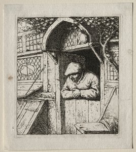 Bonde lutad i sin dörröppning. av Adriaen Jansz. van Ostade