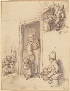 Studieblad med en mamma och hennes dotter i ytterdörren, två pojkar sittande. 1660-talet av Adriaen Jansz. van Ostade